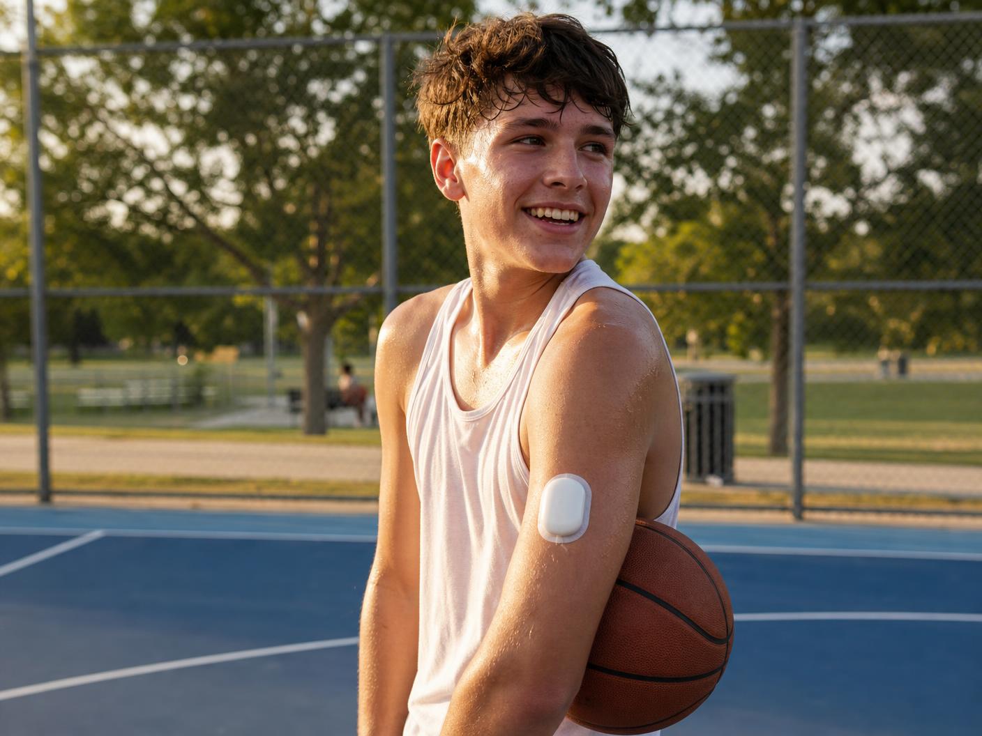 A teenage boy with an insulin pump clipped to his waistband playing basketball on an outdoor court