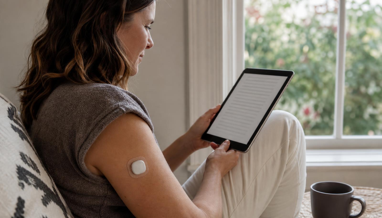 A woman reading diabetes guides on a tablet by a sunny window, wearing a glucose sensor on her arm