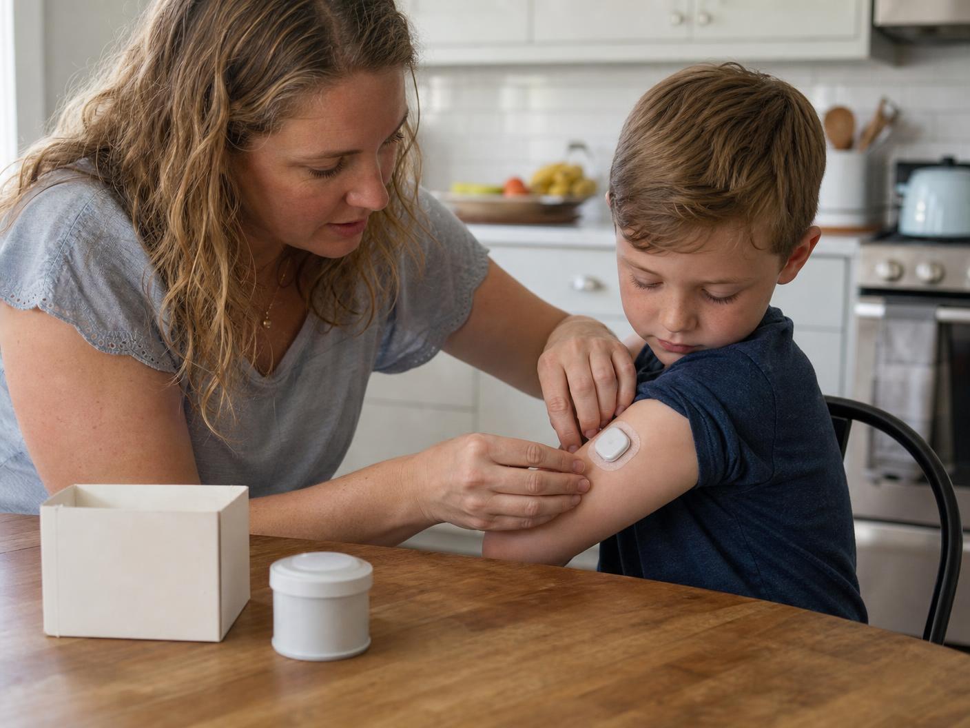 A mother helping her young son apply a new glucose sensor at the kitchen table