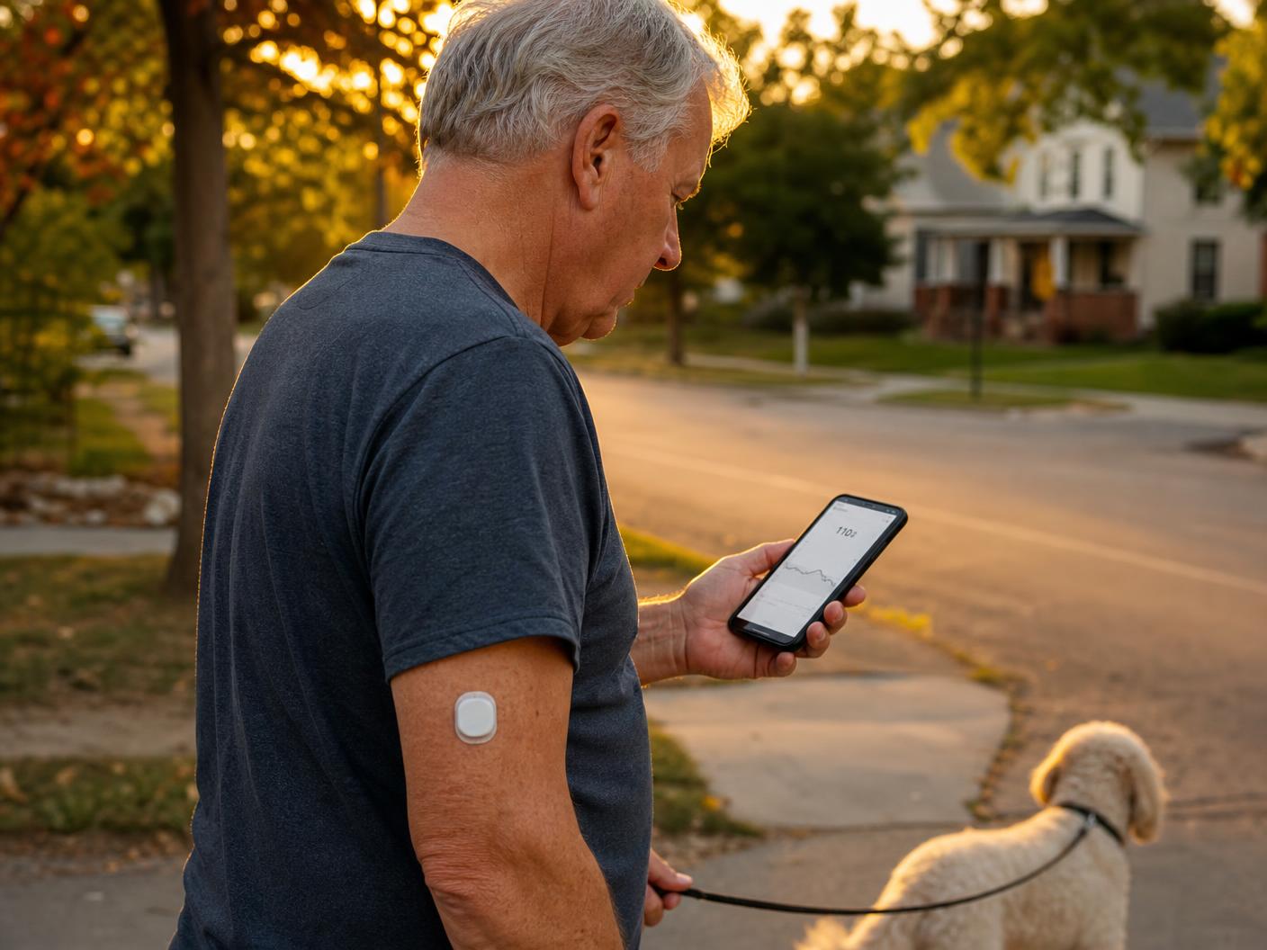 An older man walking his dog while checking his glucose trend on his phone